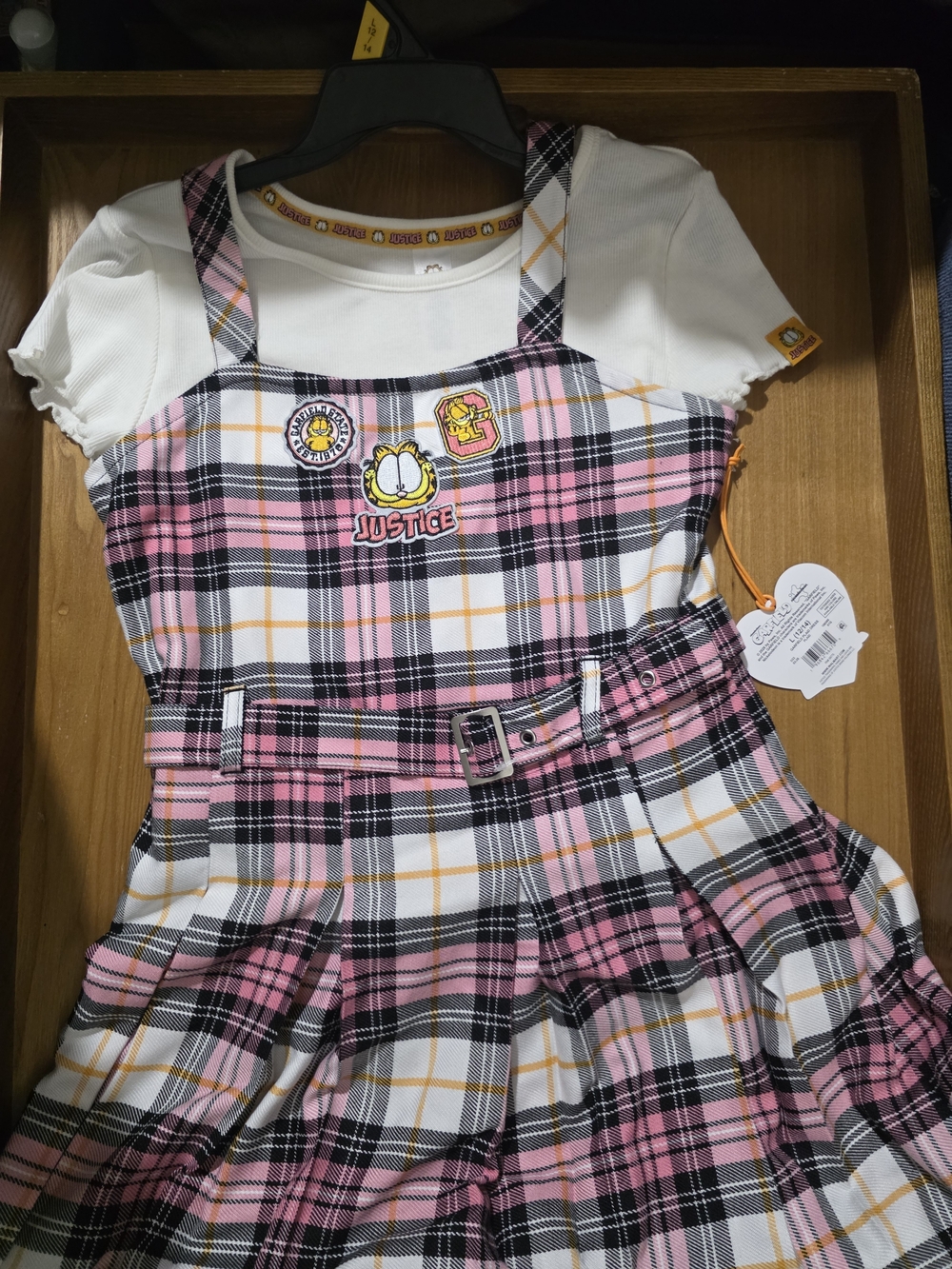 NWT Justice x Garfield Girls Pink Plaid Pinafore Dress Shirt Set Size L 10/14